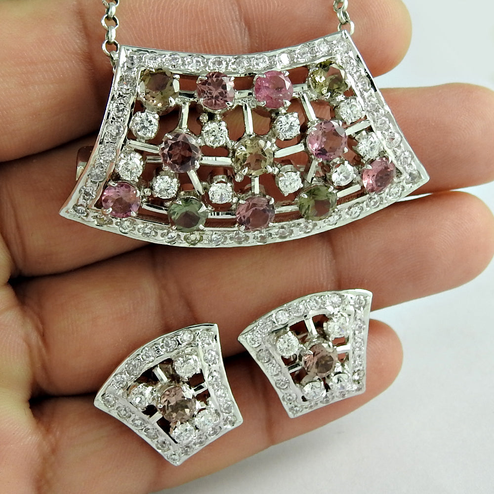 101 Wedding Jewelry Set Natural Tourmaline White CZ Silver Earrings Pendant