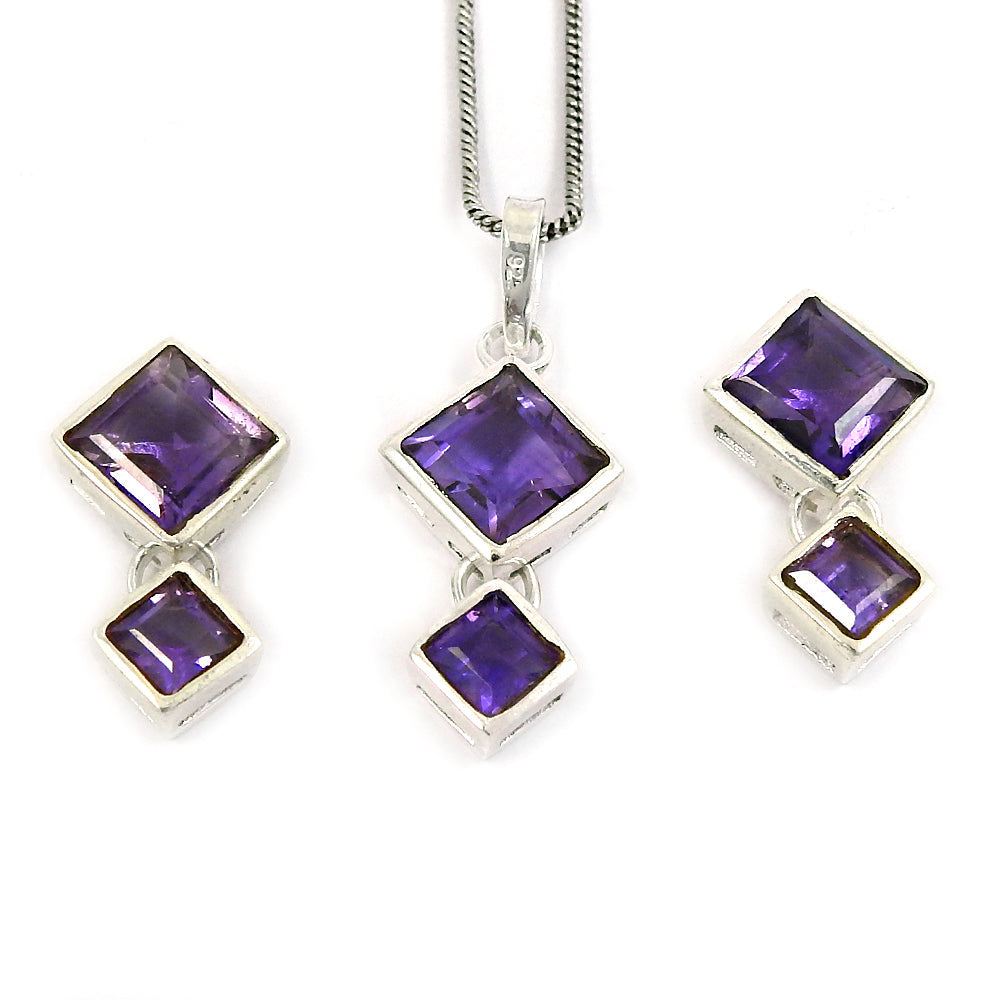 101 Natural Amethyst Gemstone Sterling Silver Earrings Pendant Set