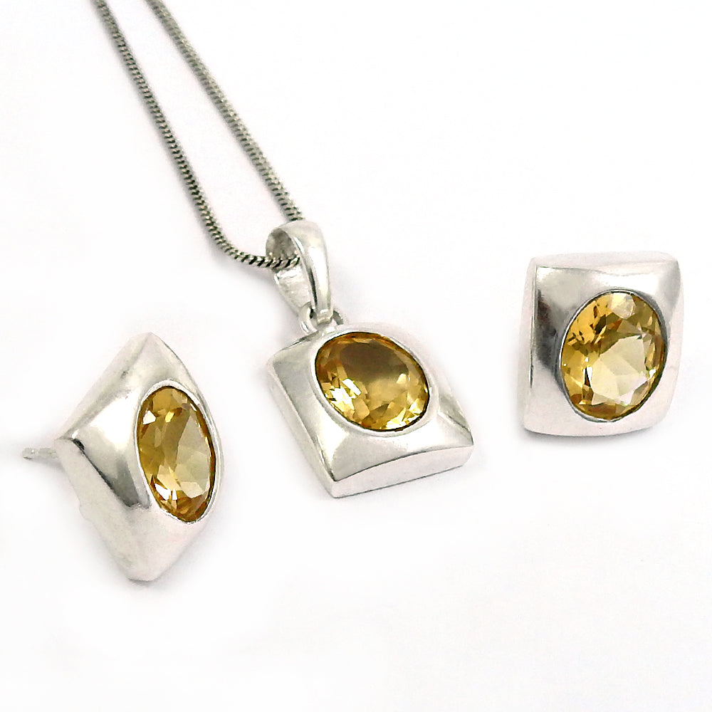 925 Sterling Silver Citrine Gemstone Earrings Pendant Set