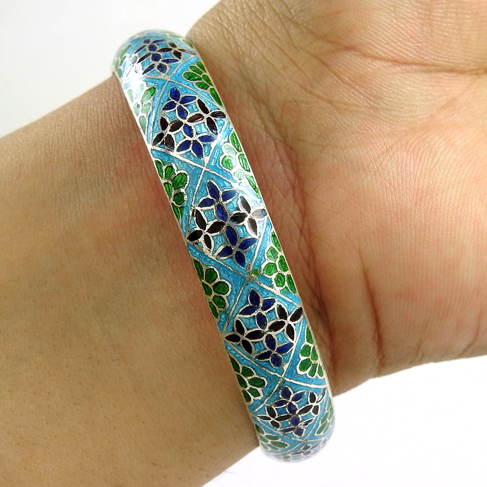 Handmade natural blue enamel 925 silver bangle