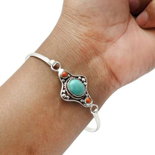 Turquoise Coral Gemstone Ethnic Bangle 925 Sterling Silver Jewelry C1