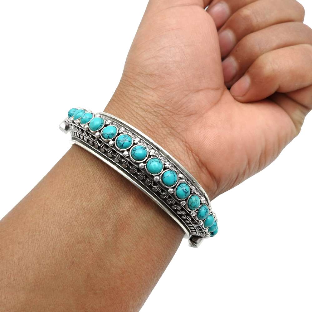 Turquoise Gemstone Tribal Bangle 925 Sterling Silver Fine Jewelry L1
