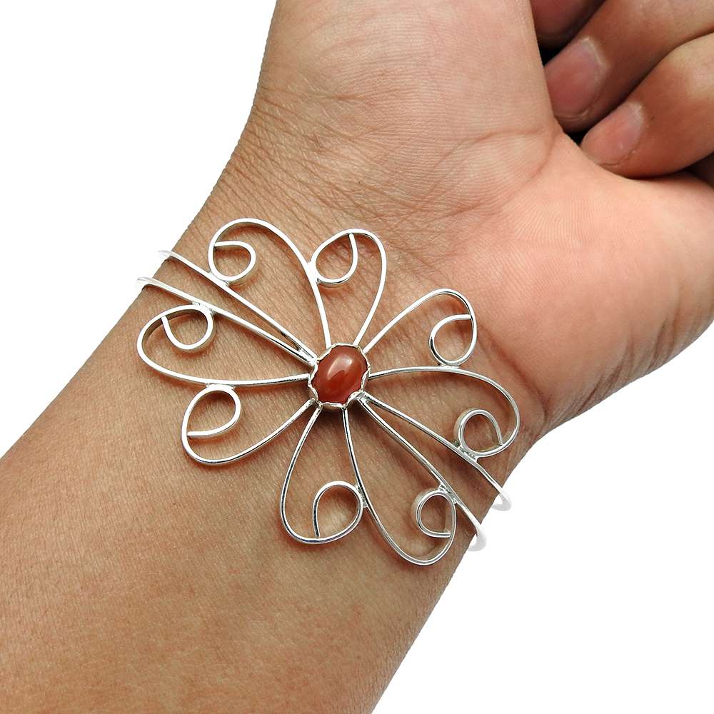 Natural Garnet Gemstone 925 Sterling Silver Cuff Flower Bangle For Women V20