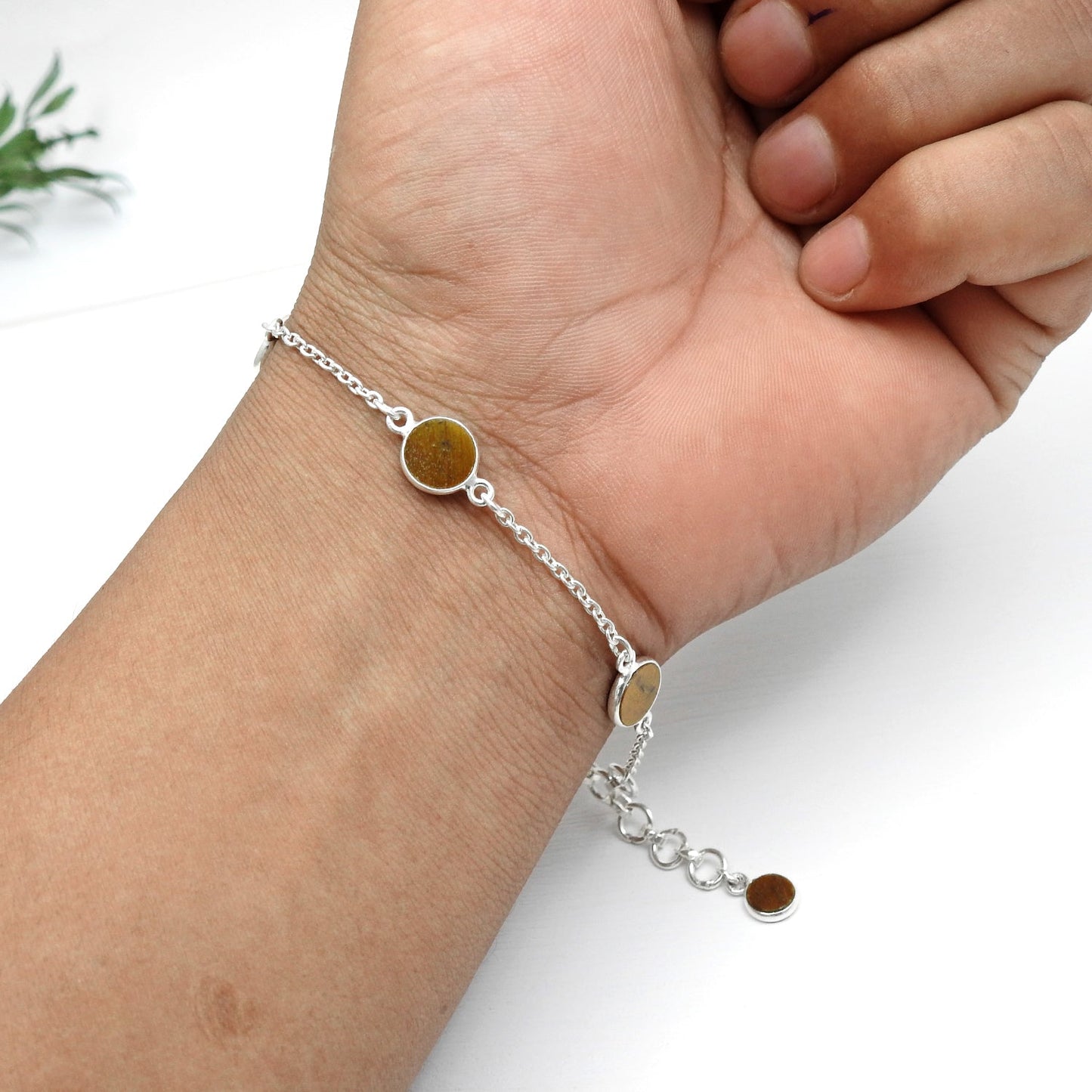Round Natural Tiger's Eye 925 Solid Silver Sister Boho Chain Wedding Bracelet