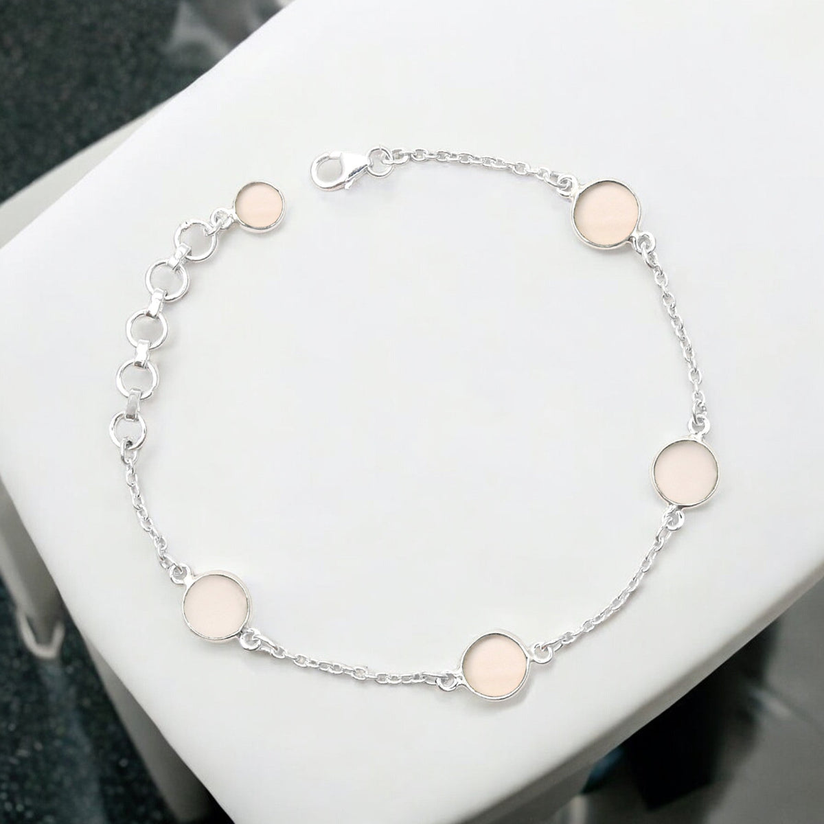 101 Round Rose Quartz Gemstone Solid Silver Bezel Chain Birthday Trendy New Bracelet