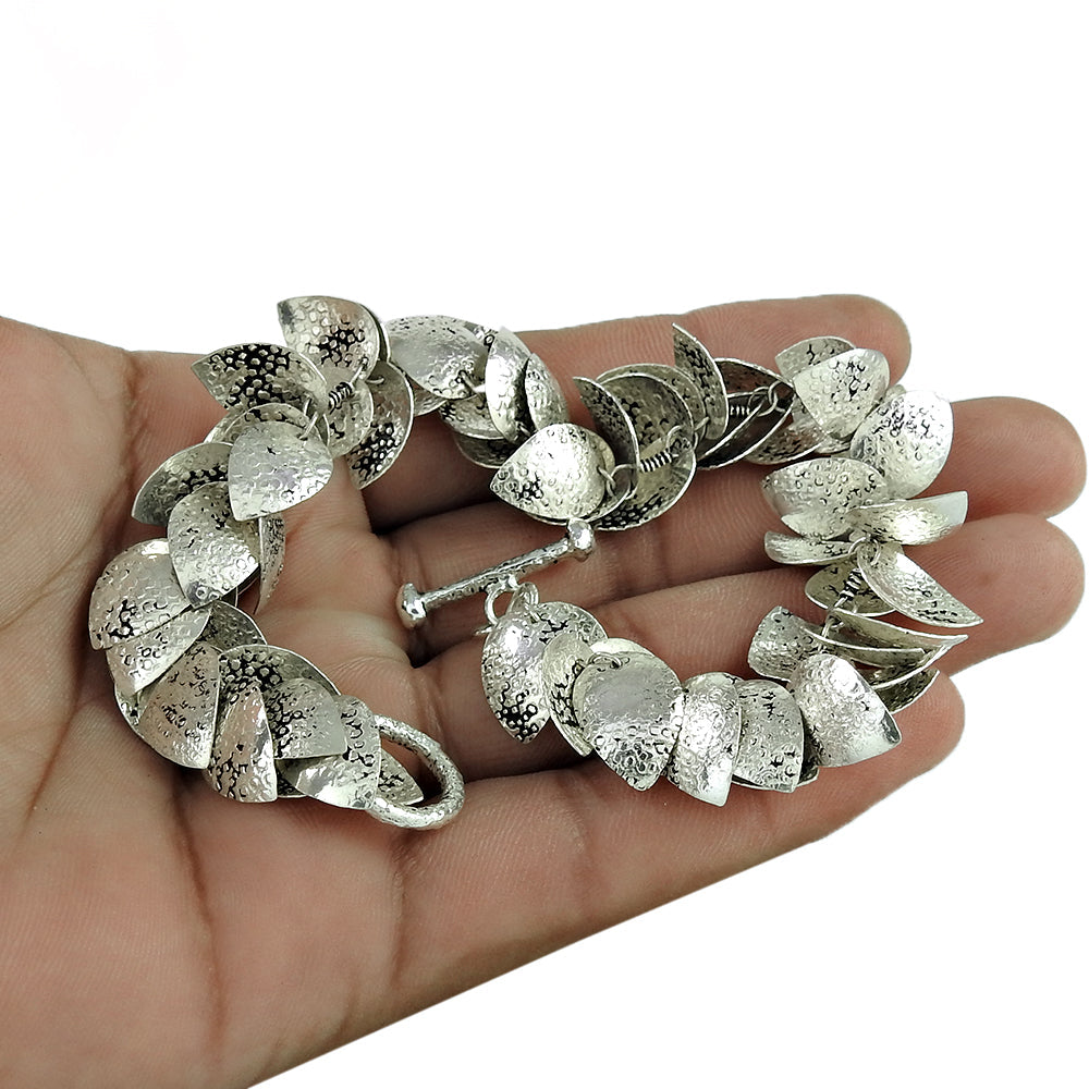 101 Solid 925 Sterling Silver Hammered Leaves Trendy Bracelet