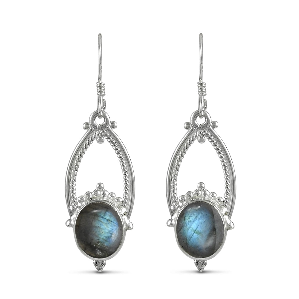 101 Sterling Silver Oval Labradorite Gemstone Bezel Hook Dangle Tribal Wife Earrings