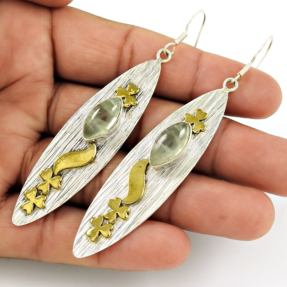Mothers Day Gift 925 Sterling Silver Natural Prehnite Gold Plated Earrings C4