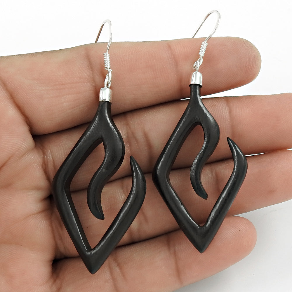 Artisan Mothers Day Gift Jewelry 925 Solid Sterling Silver Wooden Earrings O2