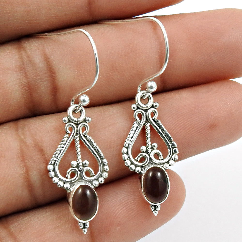 Oval Smoky Quartz Gemstone Artisan Dangle Drop Boho Earrings 925 Sterling Silver