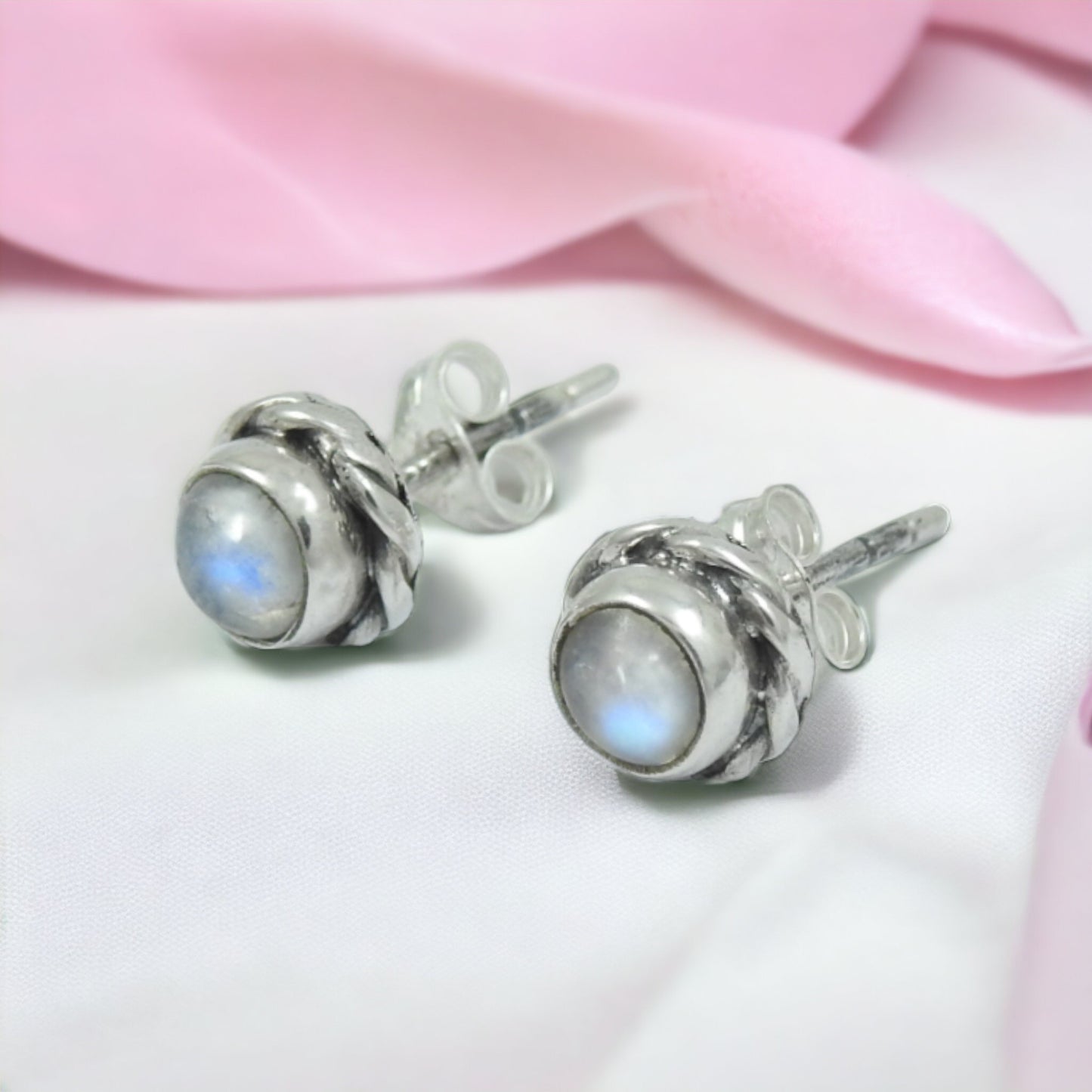 925 Sterling Silver Jewelry Rainbow Moonstone Gemstone Stud Earrings X3