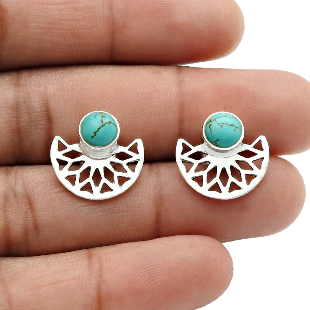 101 Round Turquoise Stone Solid Sterling Silver Mother Butterfly Stud Post Earrings