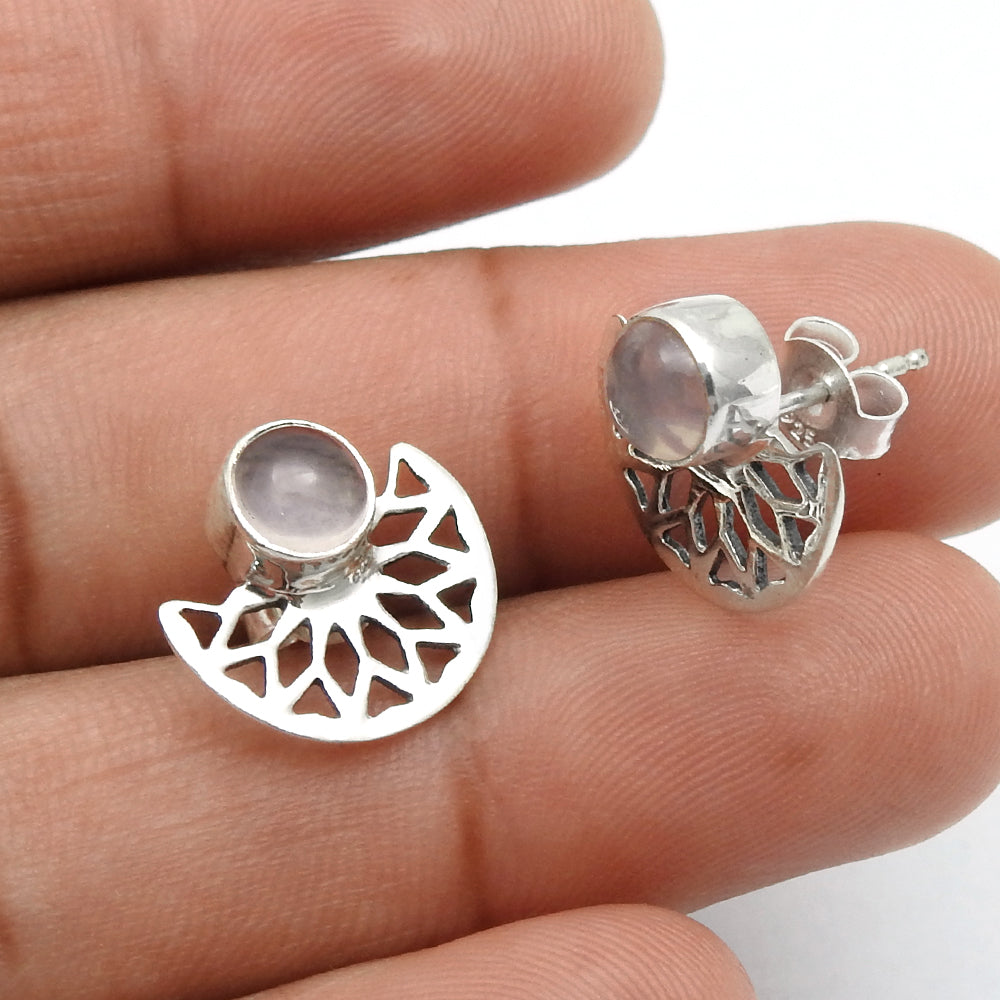 Round Rose Quartz Stone Stud Handcrafted Bezel Ethnic Earrings 925 Solid Silver
