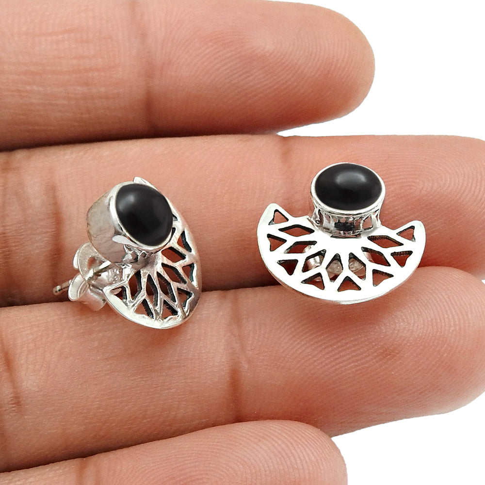 Root Chakra Natural Black Onyx Boho Sister Stud Bezel Earrings 925 Solid Silver