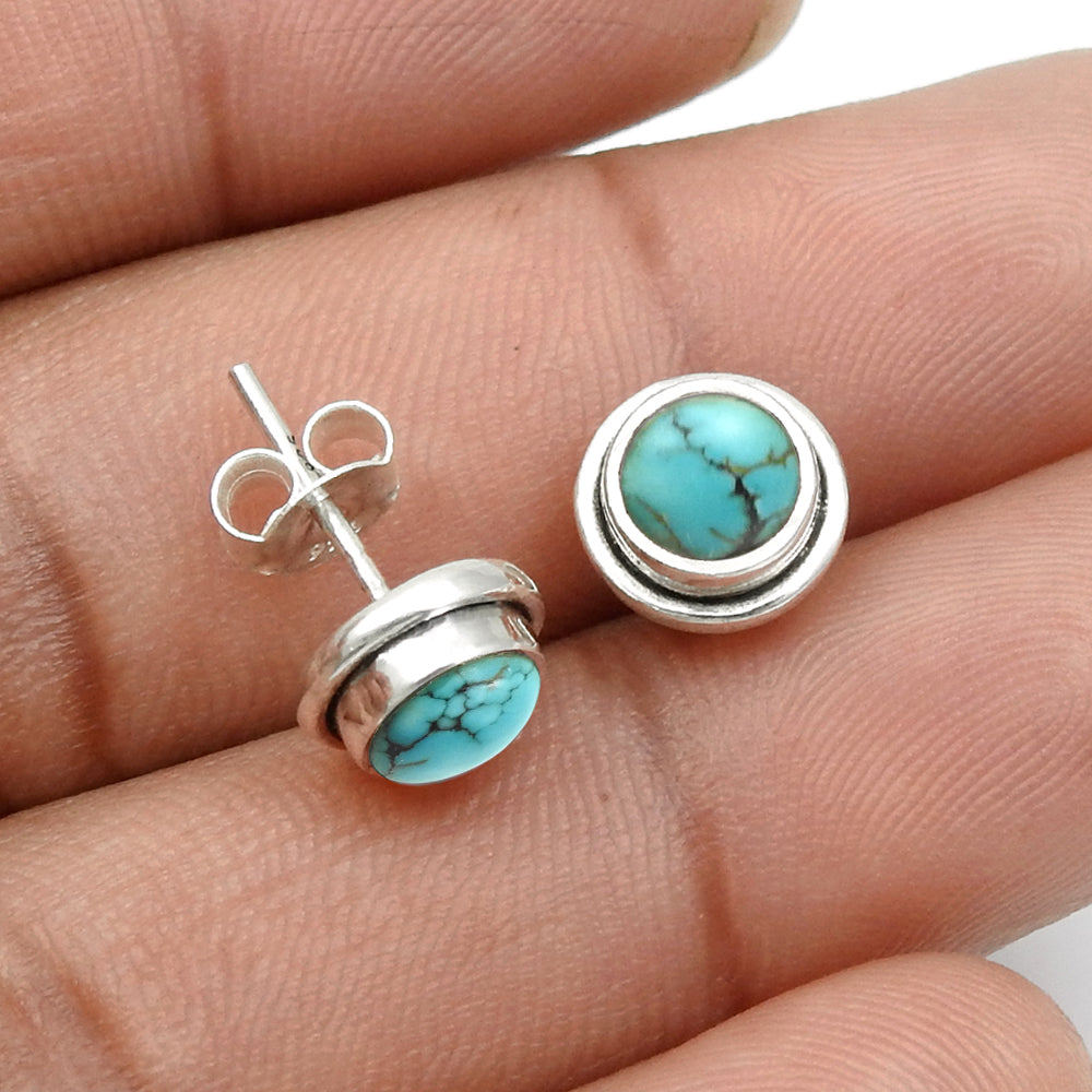 Turquoise Stone Mother Stud Post Bezel Handcrafted New Earrings 925 Solid Silver