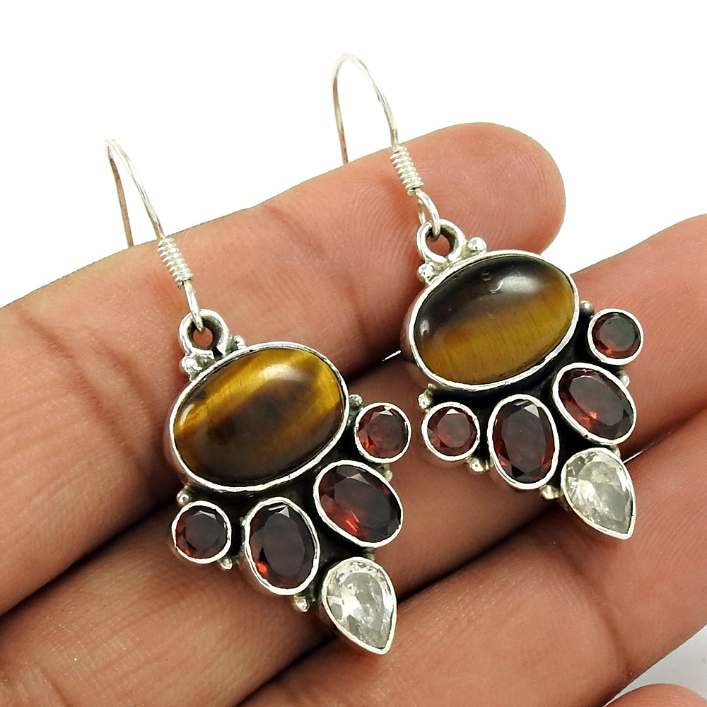 Mothers Day Gift Natural Tiger'S Eye Boho Earrings 925 Sterling Silver G6