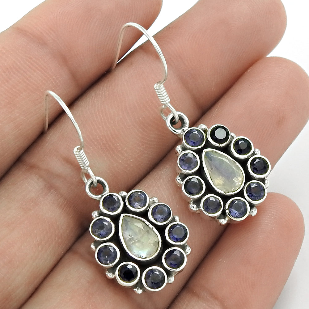 Bohemian Mothers Day Gift Earrings 925 Silver Natural Rainbow Moonstone M6