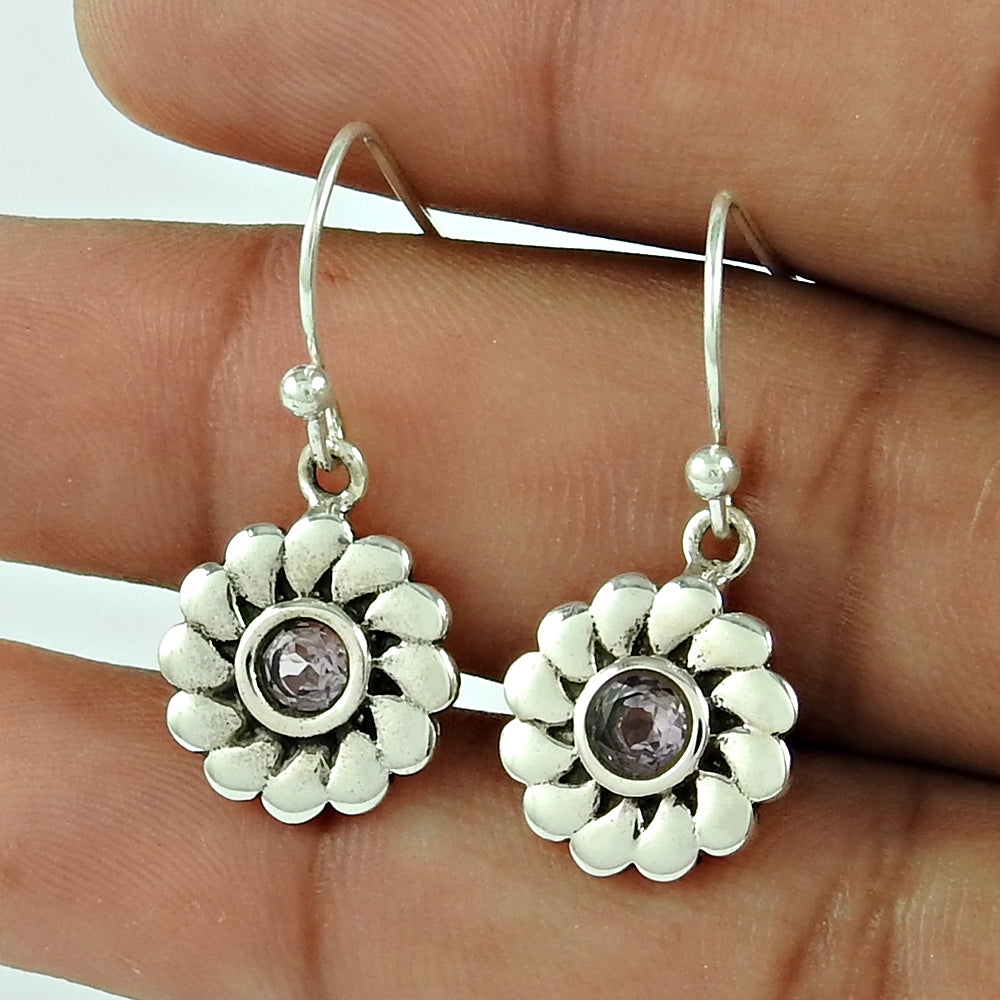101 Round Amethyst Gemstone Sister Trendy Dangle Bezel Boho Earrings Sterling Silver