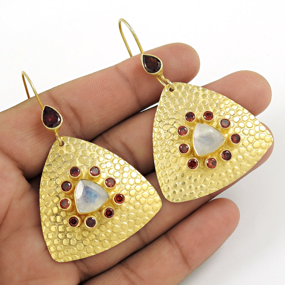 Natural Rainbow Moonstone 925 Silver Gold Plated Mothers Day Gift Earrings H8