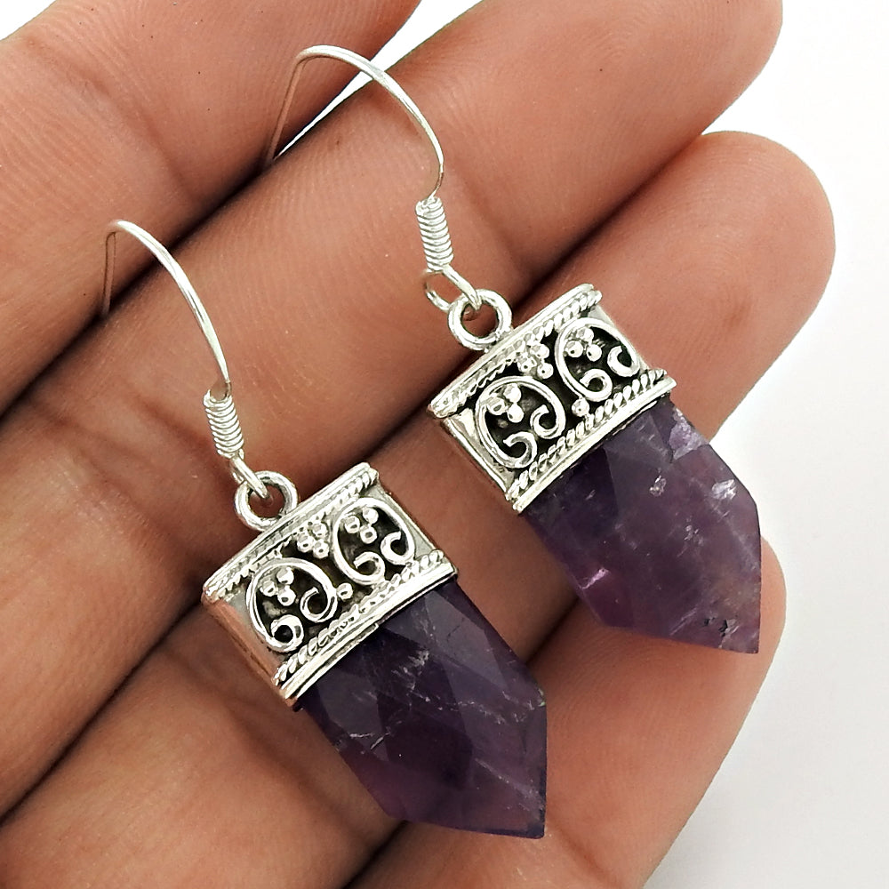 Mothers Day Gift Natural Amethyst Vintage Earrings 925 Sterling Silver I8
