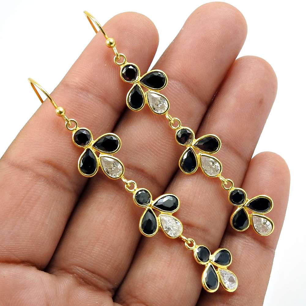 Gold Plated 925 Sterling Silver Garnet Black CZ White CZ Gemstone Earring Vintage Look Jewelry V18