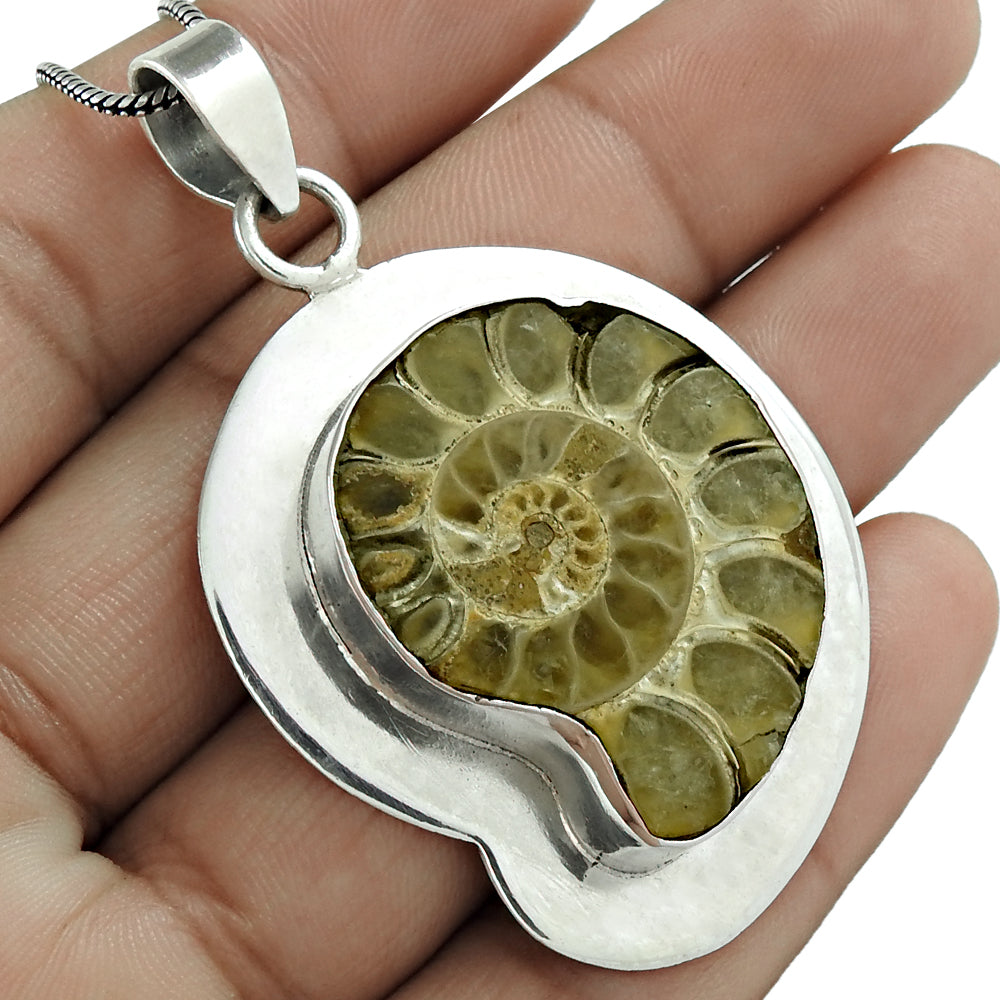Mothers Day Gift 925 Sterling Silver Natural Ammonite Gemstone Pendant Bohemian I8