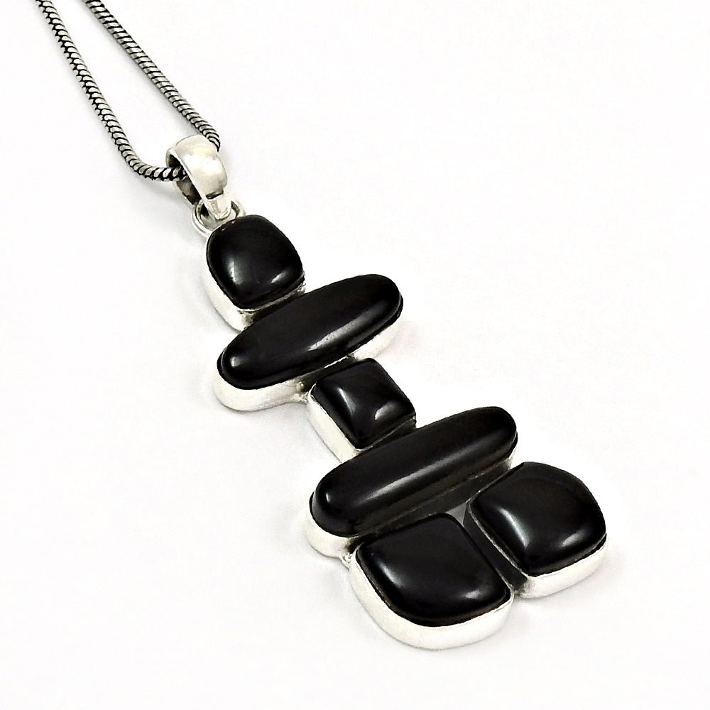 101 Natural Black Onyx Gemstone Pendant Inukshuk 925 Sterling Silver Jewelry For Women E21
