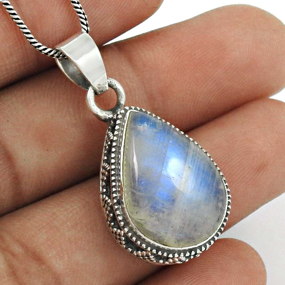 Rainbow Moonstone Pendant 925 Sterling Silver Vintage Look Jewelry PN18