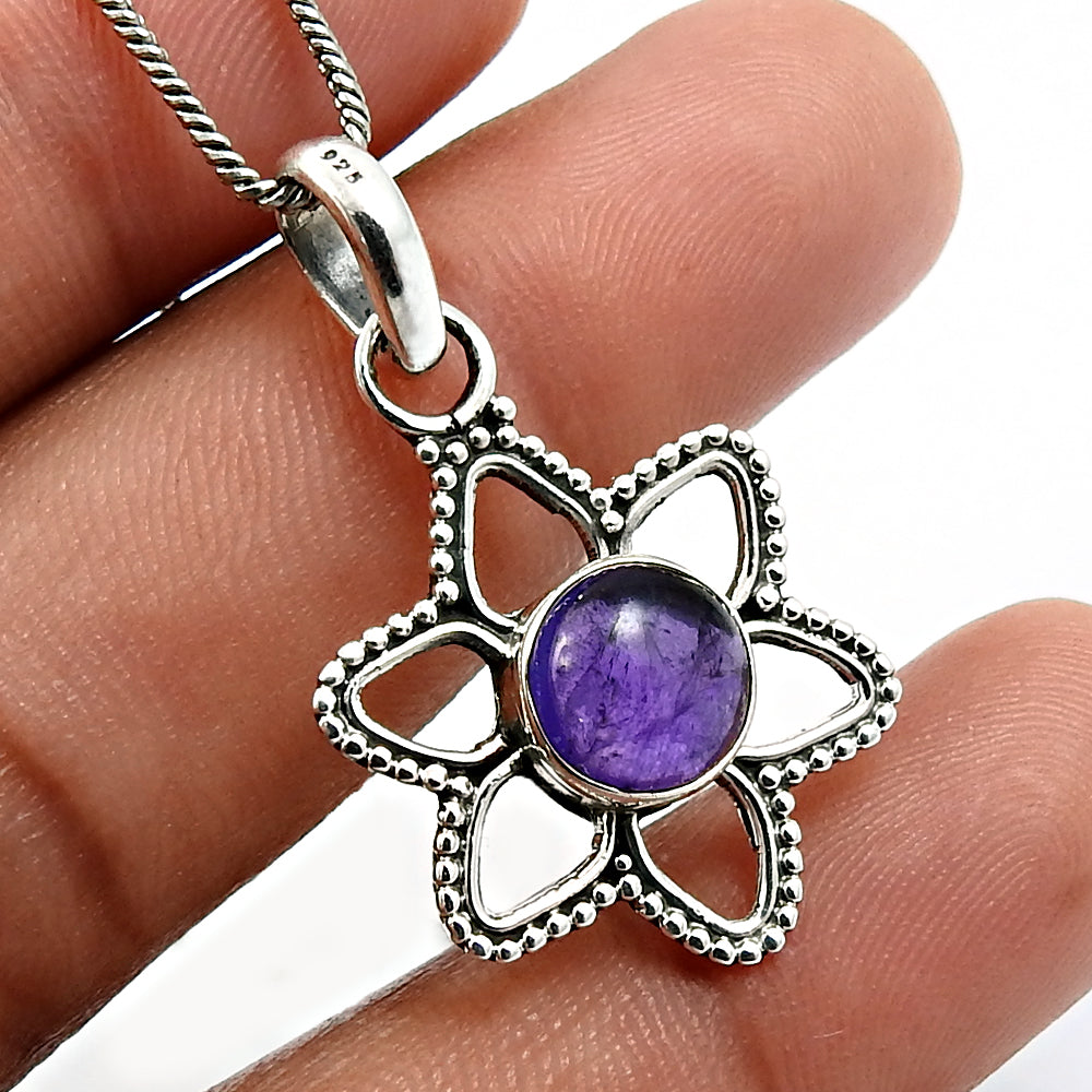 Larimar Gemstone Flower Pendant 925 Sterling Silver Fine Jewelry H38