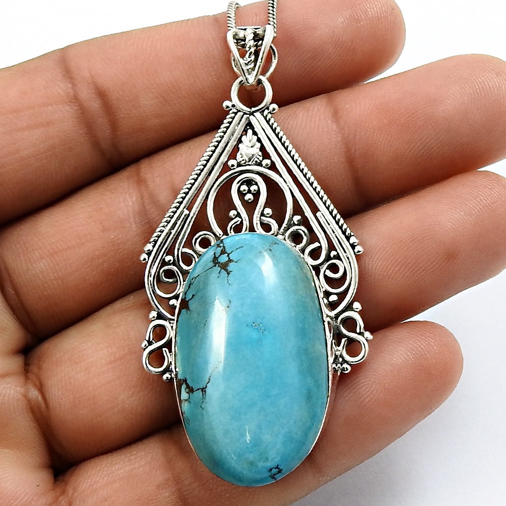 Friendship Day Sale Oval Turquoise Gemstone Solid Silver Ethnic Bezel Pendant