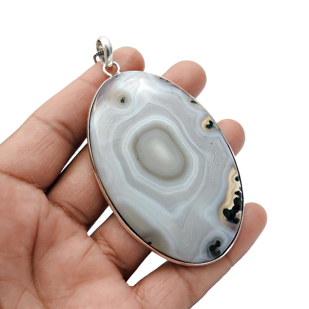 Oval Striped Onyx Gemstone Pendant Handmade 925 Sterling Silver Jewelry U5