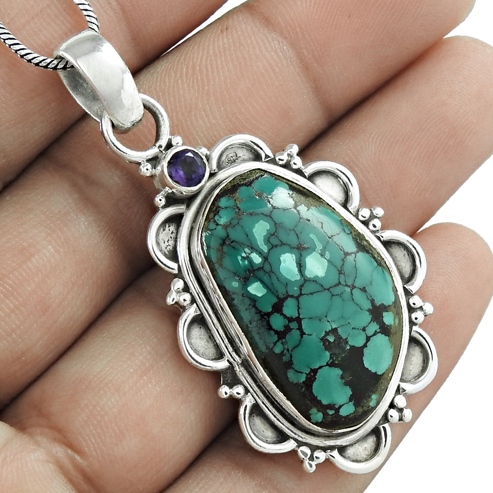 Anniversary Gift For Her Natural Turquoise Pendant Tribal 925 Silver C55