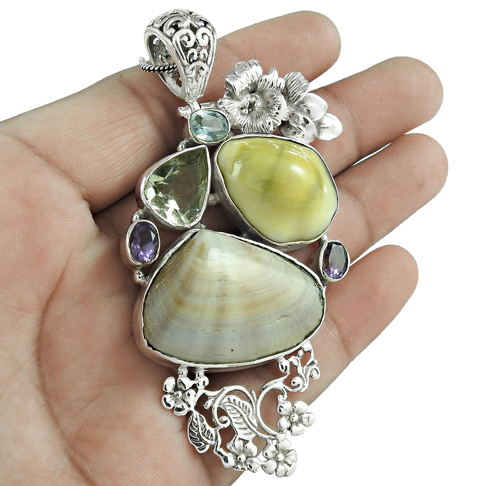 Natural Shell Gemstone Pendant Ethnic 925 Sterling Silver Jewelry For Girls B8