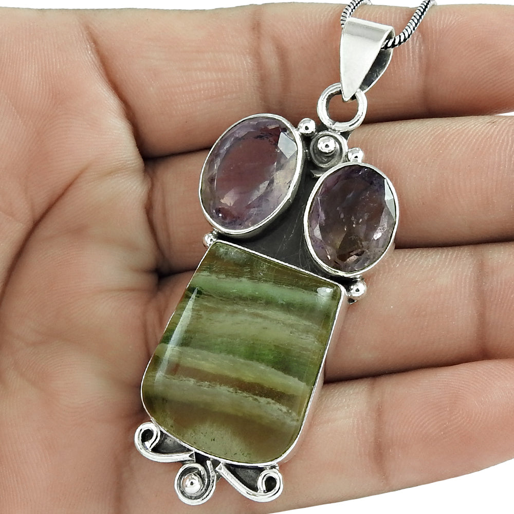 Gift For Her 925 Sterling Silver Natural Fluorite Gemstone Pendant Tribal D8