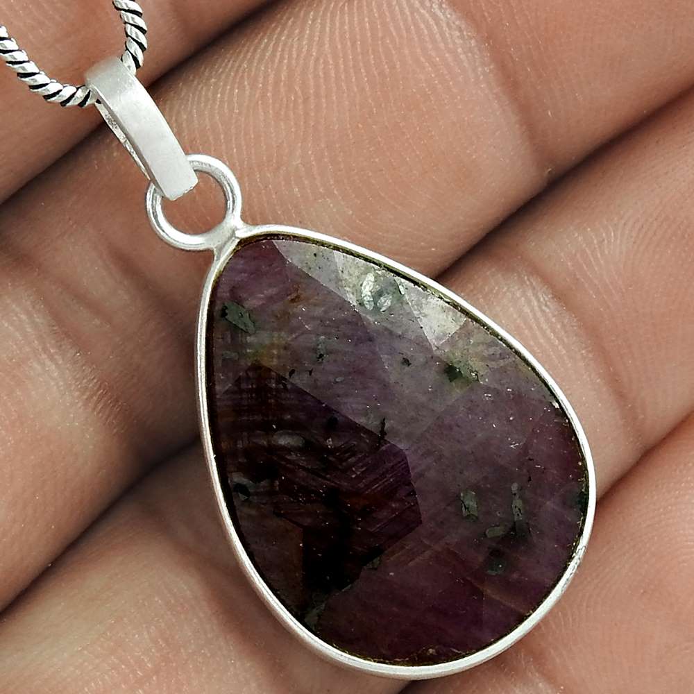 Rare 925 Sterling Silver Ruby Gemstone Pendant Jewelry