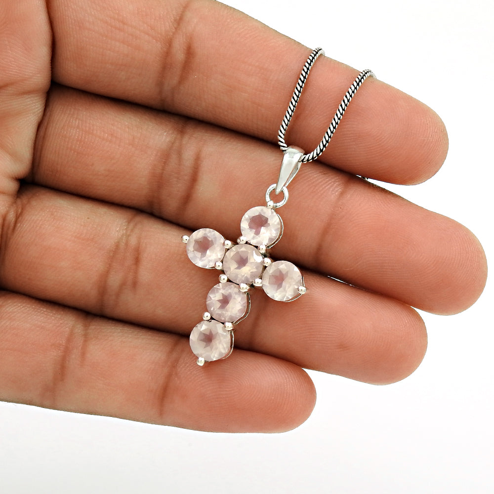 101 Heart Chakra Round Natural Rose Quartz 925 Sterling Silver Cross Bezel Pendant
