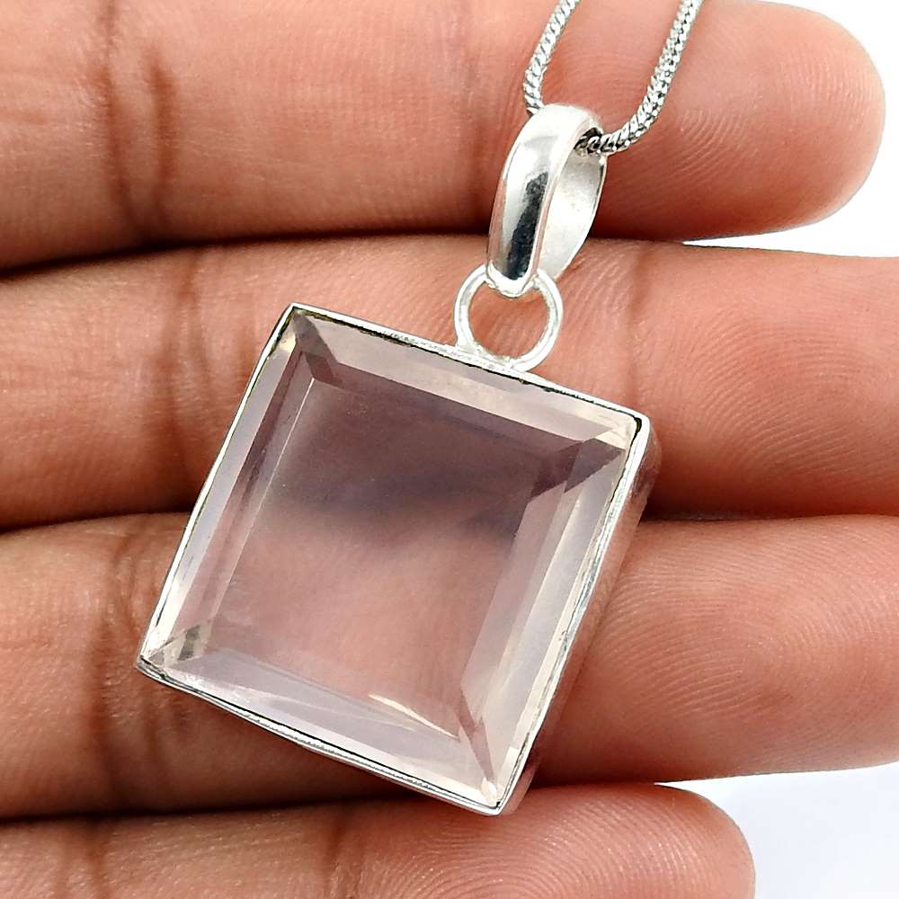 Rose Quartz Gemstone Pendant 925 Sterling Silver Jewelry V39