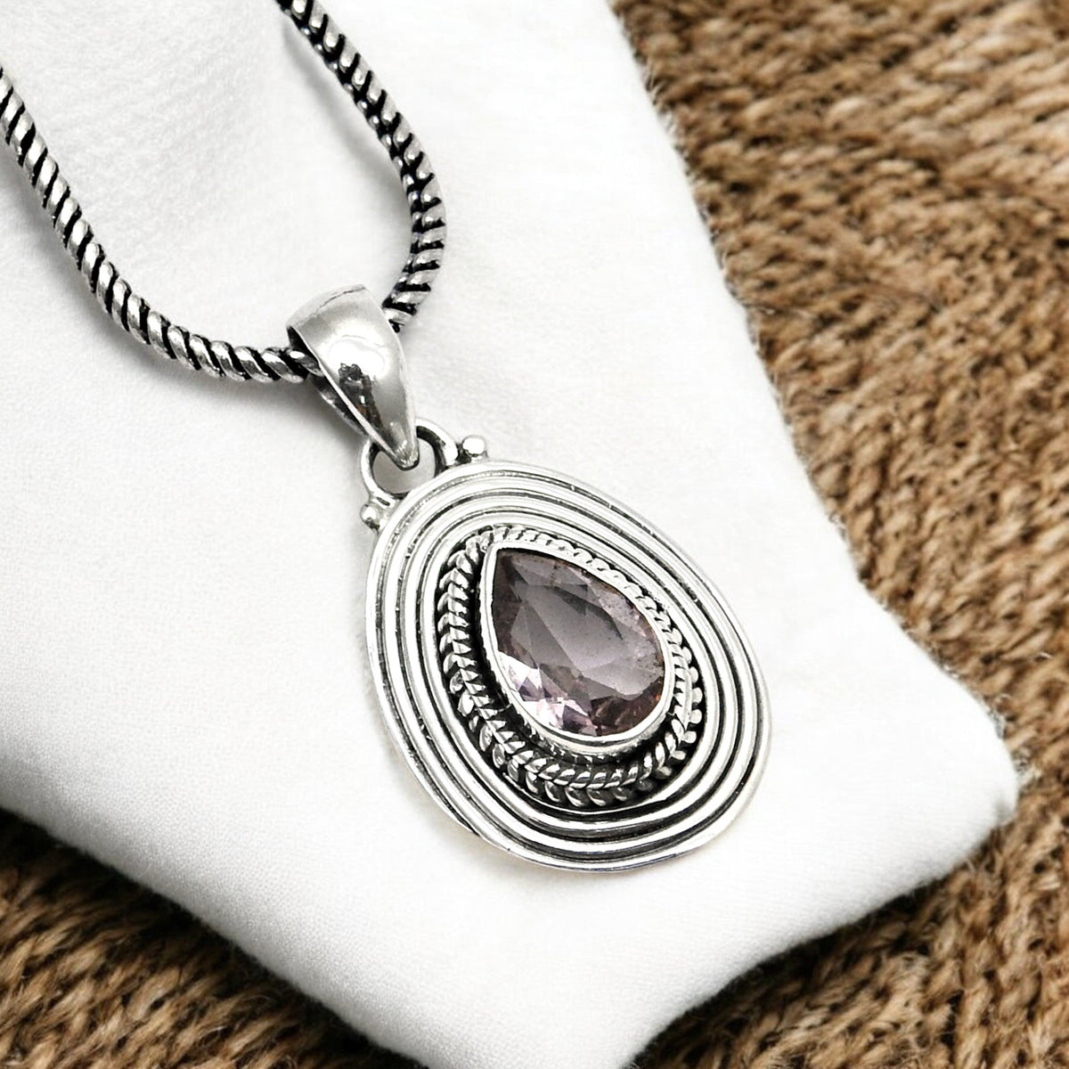 Natural Pink CZ Bezel Boho Sister Handmade Pendant Jewelry Solid Sterling Silver