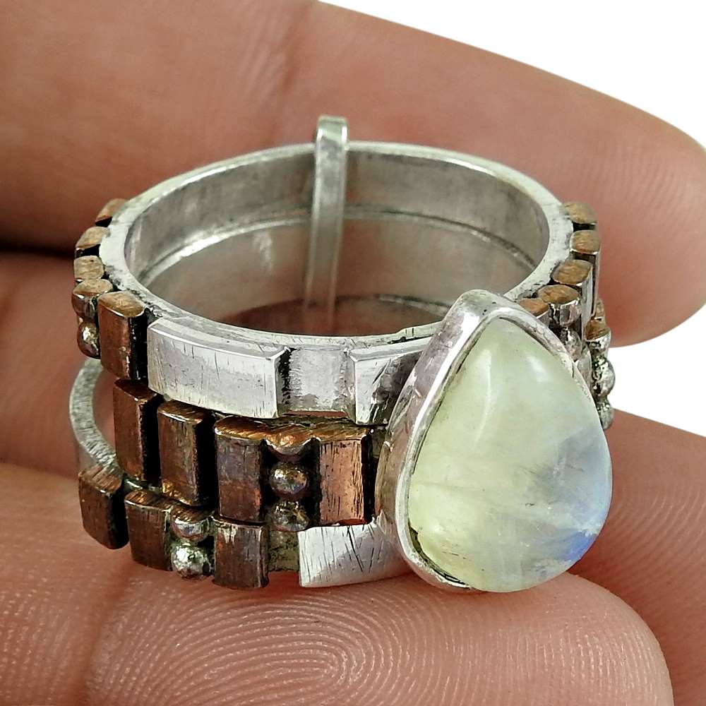 925 Silver Natural Rainbow Moonstone Statement Boho Ring Size 8.5 F1