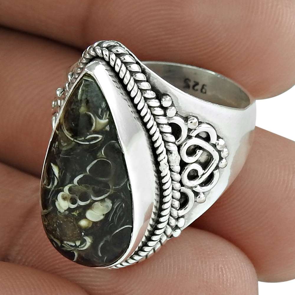 Mothers Day Gift 925 Silver Natural Crinoid Fossil Gemstone Ring Size 8 L2