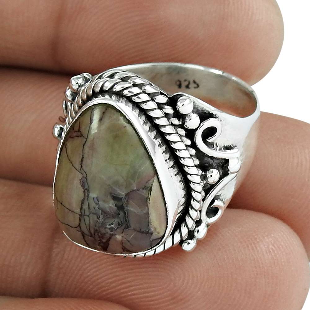 Natural Brush Agate Gemstone Solitaire Chocolate Ring Size 7.5 925 Silver B3