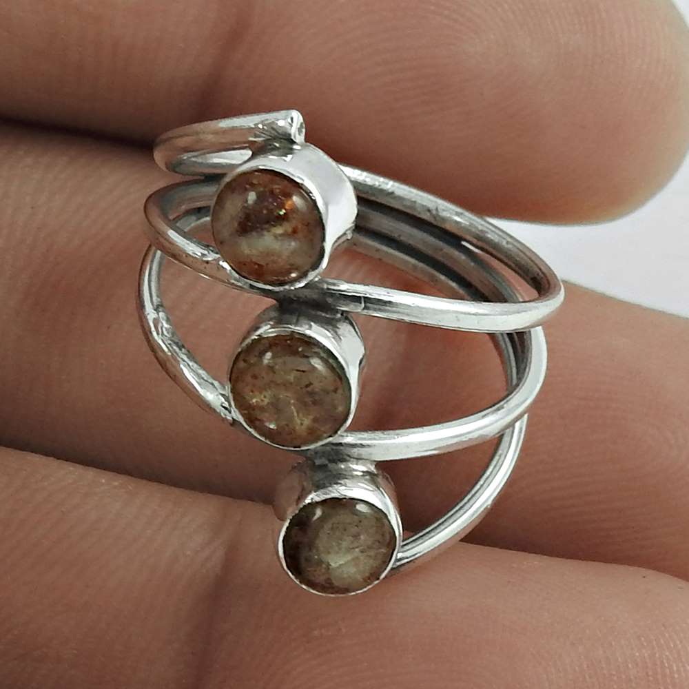Natural Sunstone Gemstone Solitaire Ring Size 5 925 Sterling Silver Jewelry D3