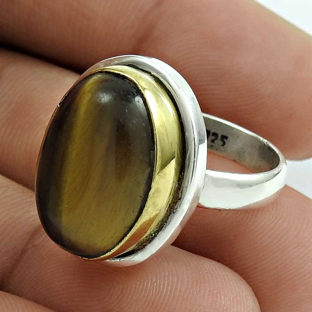 Natural Tiger'S Eye Gemstone Solitaire Ring Size 7.5 925 Silver For Girls H3