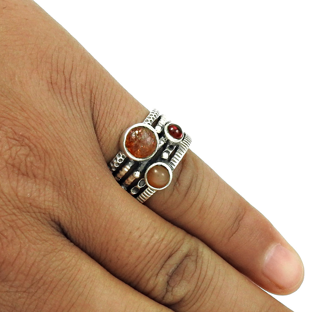 101 Wedding Band Garnet Moonstone Sunstone 925 Sterling Silver Ring