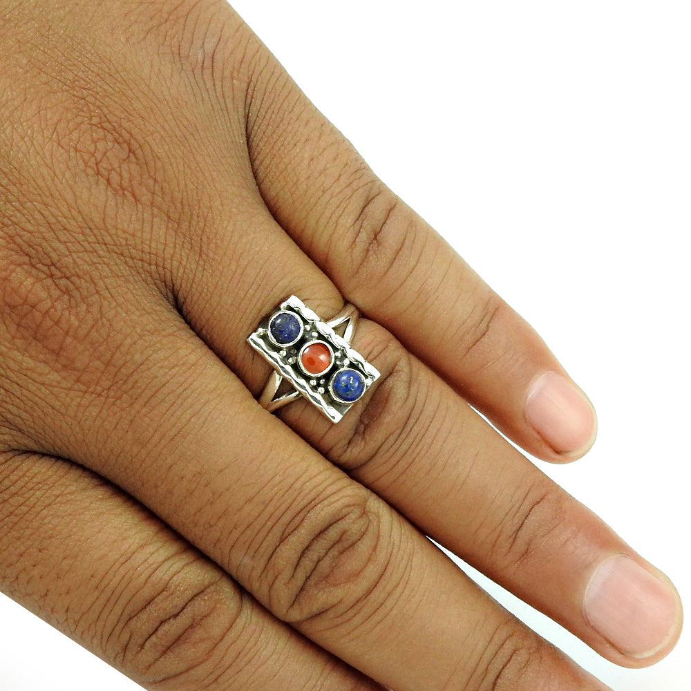 101 Gift For Her 925 Sterling Silver Natural Coral Lapis Lazuli Gemstone Ring