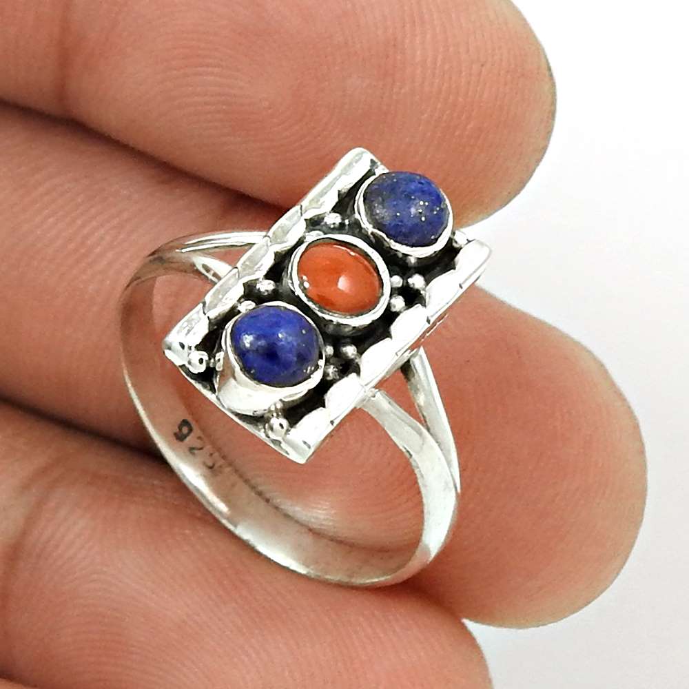 Coral Lapis Gemstone Ring Size 7.5 925 Sterling Silver Traditional Jewelry CB37