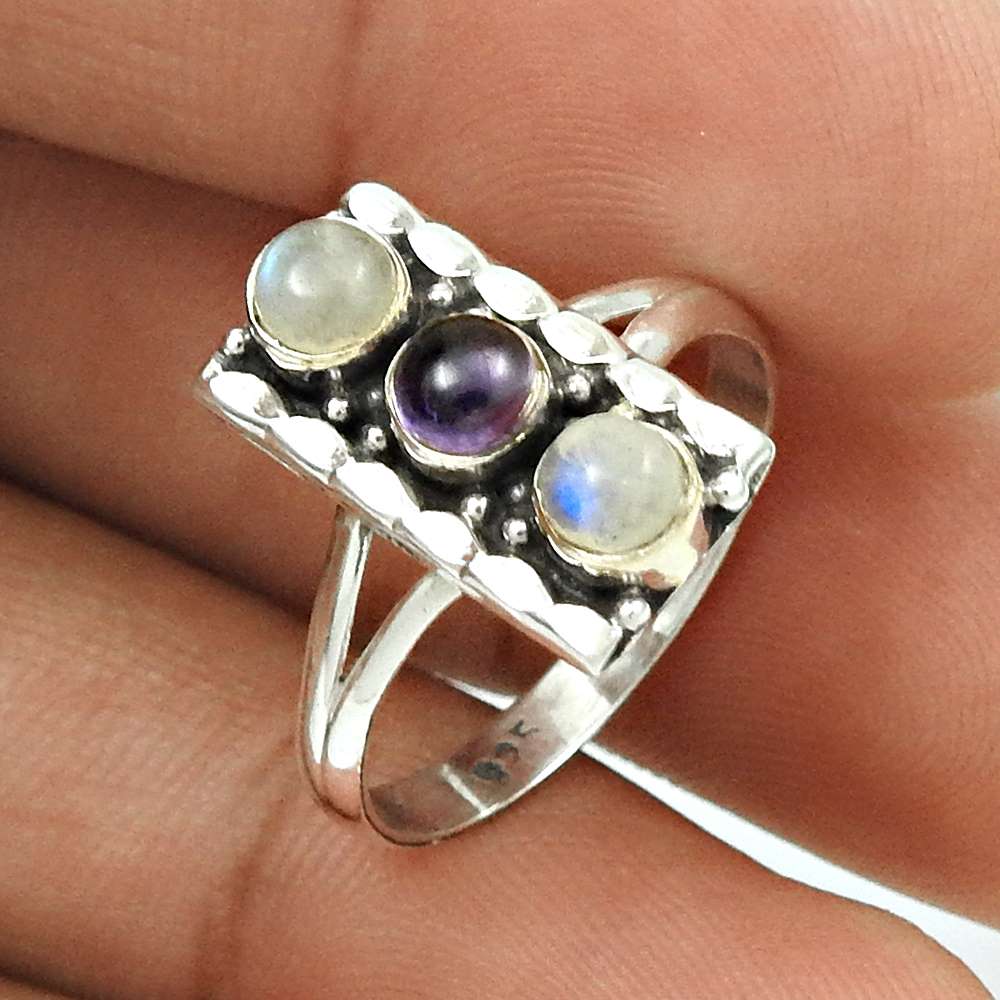 Coral Lapis Gemstone Ring Size 7.5 925 Sterling Silver Traditional Jewelry CB37
