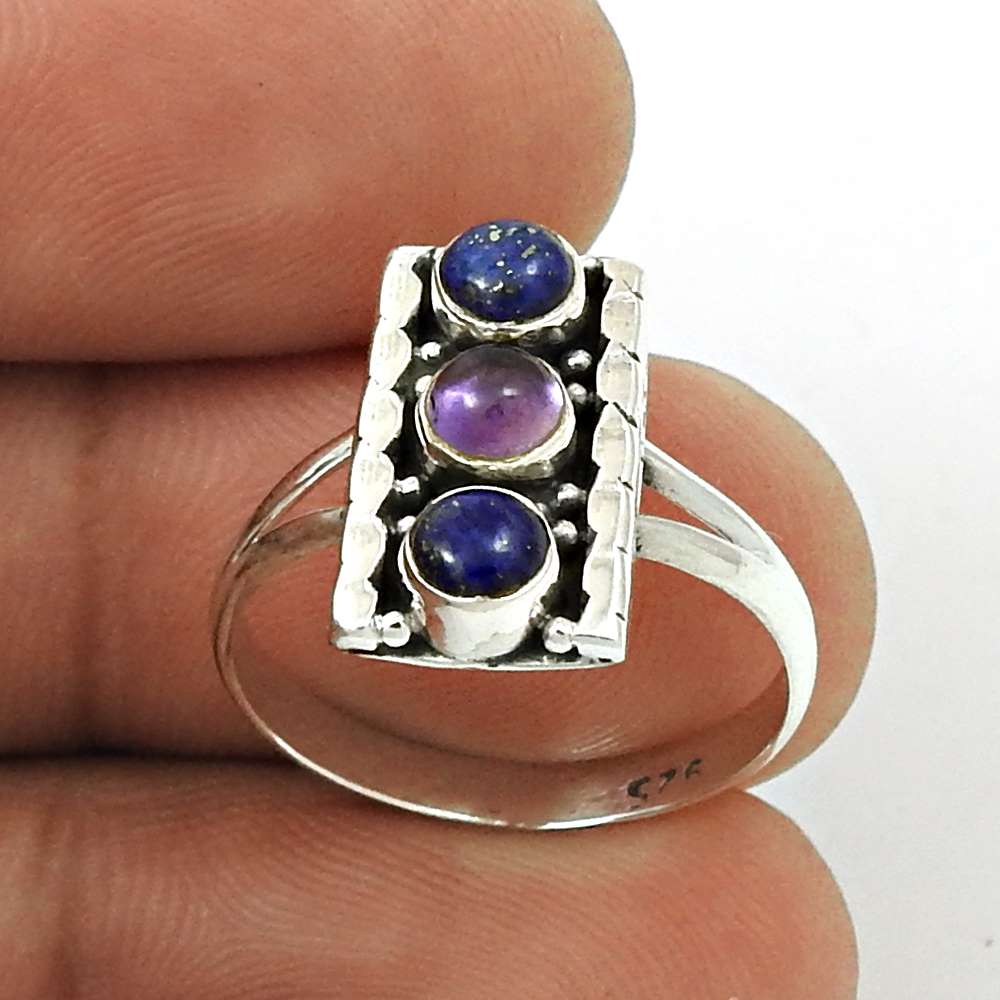 Coral Lapis Gemstone Ring Size 7.5 925 Sterling Silver Traditional Jewelry CB37