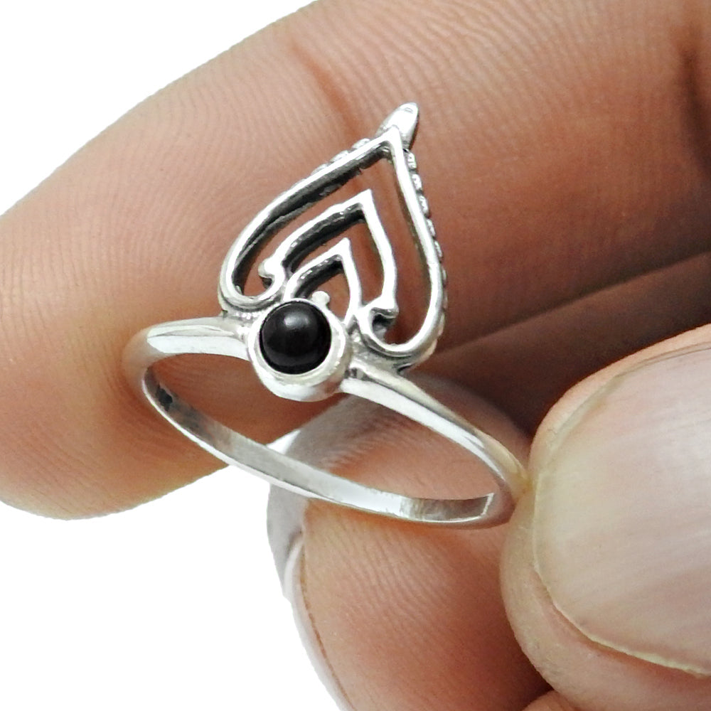 Round Black Onyx Gemstone Daughter Crown Bezel Band Ring 925 Solid Silver