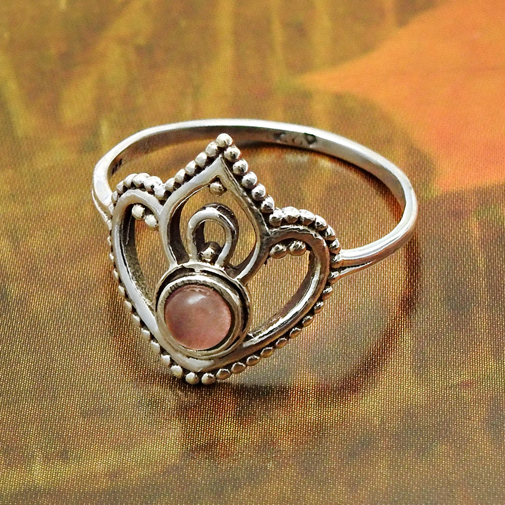 Natural Rose Quartz 925 Sterling Silver Band Wife Crown Promise Ring